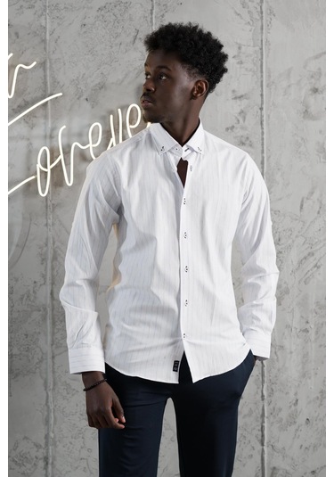 Advante Kalın Çizgili Katlamalı Kol Yaka Düğmeli Slimfit Pamuklu Yazlık Gömlek Mavi