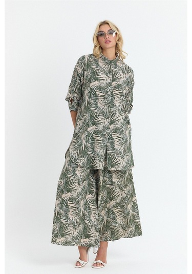 Schık Kadın Viskon Rahat Bol Paça Truvakar Kol Önü Düğme Baskılı Takım Haki