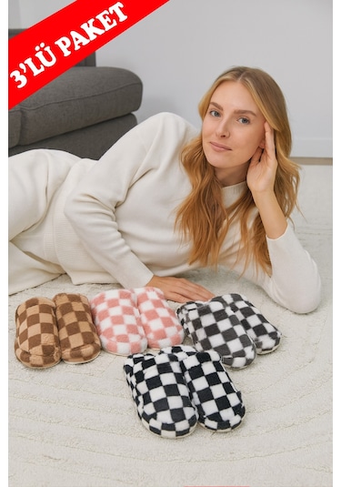 3'lü Paket Kareli Kapalı Kadın Terlik Ev Terliği Paket Ürün