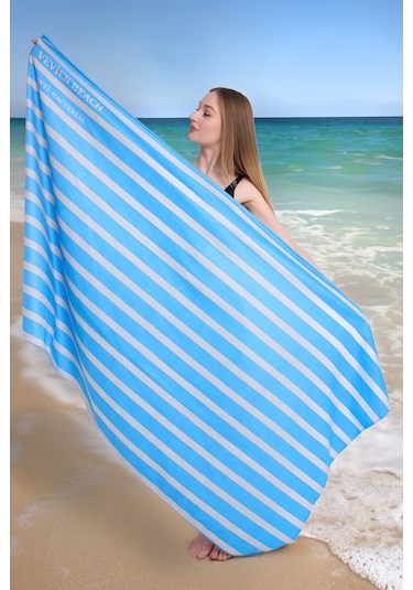 Çizgili Dijital Baskılı 100x180 Cm Plaj Havlusu Plaj Çantası+bon MAvi
