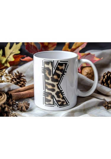 K Baş Harf Leopar Desenli Kupa Bardak - Kişiye Özel Feminen Konsept Hediye - Vahşi Hayvan Desenli Beyaz