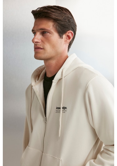 Aksel Erkek Yumuşacık Organik Pamuk Oversize Fermuarlı Baskılı Kapüşonlu Taş Rengi Sweatshirt