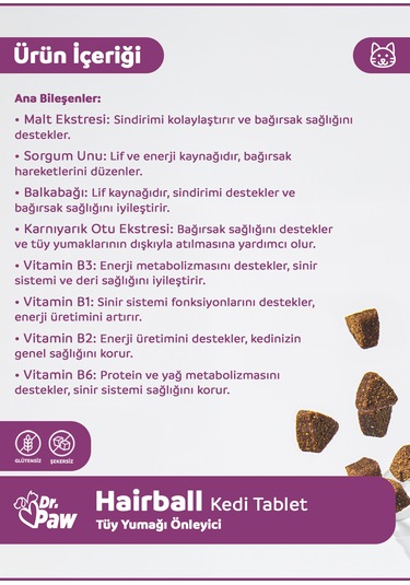 Dr. Paw Hairball Plus Tüy Yumağı Engelleyici Çiğnenebilir Tablet 90 G