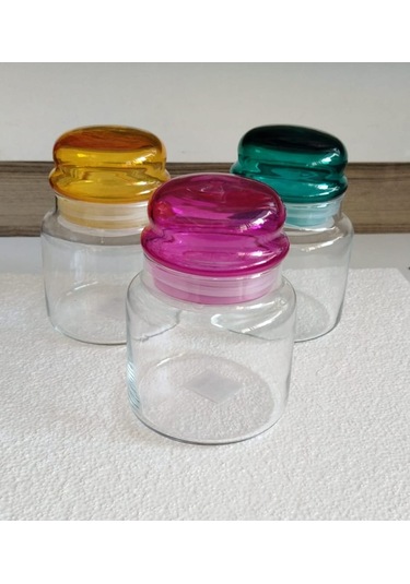 Vakumlu Renkli Kapak Cam 3'lü Kahve,şeker Kavanozu Seti 635 Cc