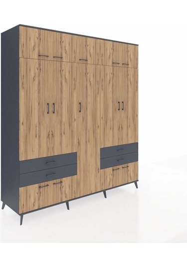 Kronos Dolap 12 Raflı 4 Çekmeceli 2 Askılı 220x59x243 Antrasit-çam/antrasit Atlas Çam/antrasıt