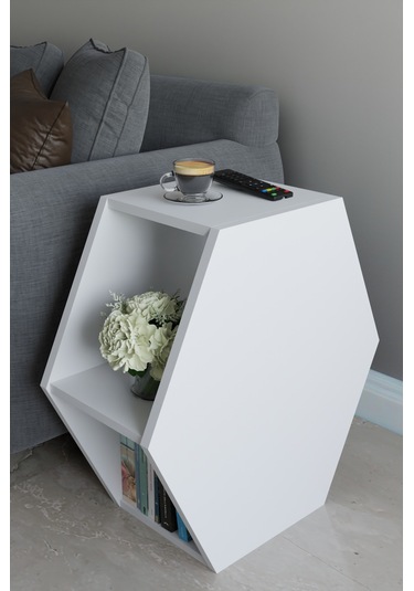 Alpa Ev Mobilya Altıgen Tasarım Yan Sehpa, Modern Koltuk Yanı Ve Dekoratif Kitaplık, Salon Sehpası Beyaz