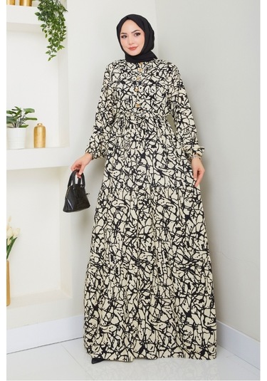 Sevil Yarım Düğmeli Dokuma Viskon Elbise 1504 - Ekru Ekru