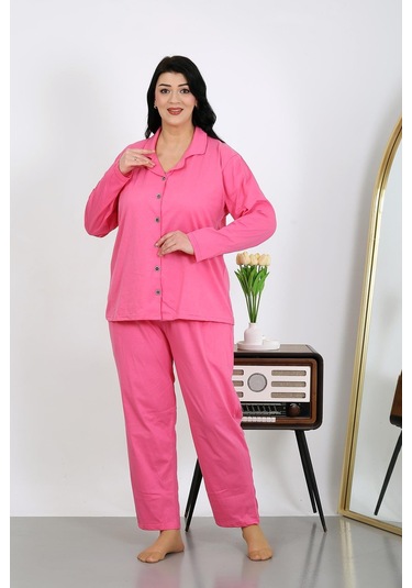 Akbeniz Kadın Büyük Beden Pamuklu Cepli Düğmeli Pembe Pijama Takım 202504 Pembe