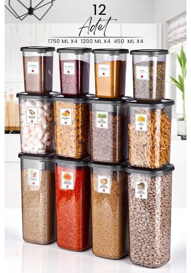 KitchenLife 12'li Etiketli Modernity Kare Erzak Saklama Kabı Seti 1750ml X4- 1200ml X4 - 450ml X4 Baharatlık