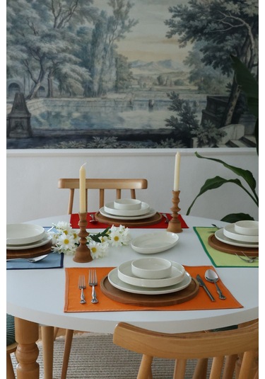 Yakacihome 4'lü Pera Turuncu Biye Detaylı Duck Keten Yıkanabilir, Leke Tutmaz Supla Amerikan Servis Seti Turuncu