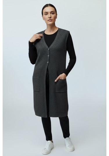 Kadın Önü 3 Düğmeli Üstten Cepli Uzun Yelek Koyu Gri