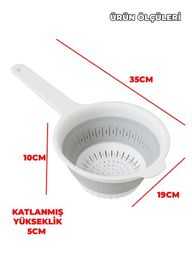 Yer Kaplamaz Katlanabilir Saplı Süzgeç - Akordiyon - Katlanır Süzgeç - Pirinç Meyve Yıkama Süzgeci Beyaz - Gri