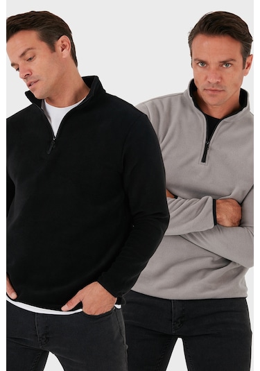 Buratti Slim Fit Yarım Fermuarlı Dik Yaka 2'Li Paket Erkek Polar 5906003S2 Gri-Siyah