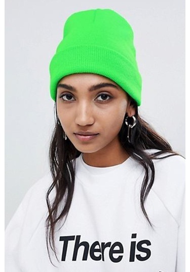 Unisex Kışlık Neon Yeşil Katlamalı Bere Neon Yeşil