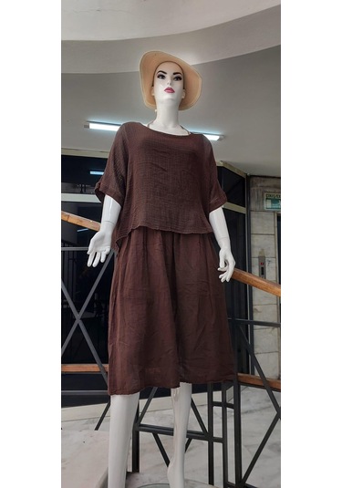 İtalyan Müslin Keteni Üstü File Bluzlu Astarlı Tek Parça Elbise Kahve Rengi Kahverengi