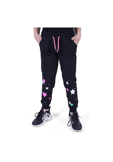 Fyk Kids Baskılı, Kalp Desen Detaylı Kız Çocuk Eşofman Altı Siyah