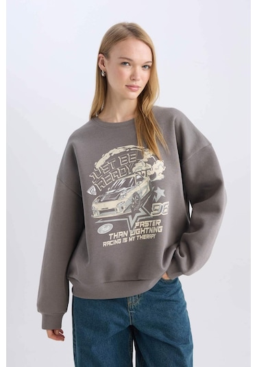 DeFacto Coool Oversize Geniş Kalıp Bisiklet Yaka Baskılı Kalın Sweatshirt D5385AX24AUGR310 Gri