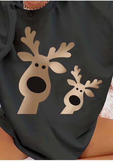 Sensuelle Kadın Yılbaşı Özel Uzun Kollu Bisiklet Yaka Geyik Desenli Viskon Iki Iplik Bluz Antrasit