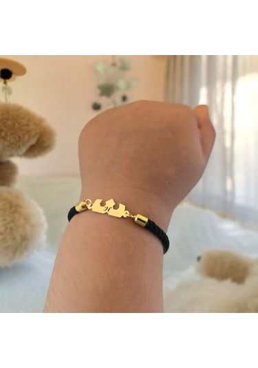 H Harfine Özel Siyah İpek Örgülü Taç Figürlü 14 Ayar Altın Plakalı Hediye Bileklik-507harf H