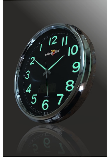 Fosforlu Gece Görünen 32 Cm Ters Çalışan Sessiz Siyah Duvar Saati Siyah - Gümüş