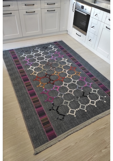 Gri Nakışlı Salon Halısı Dekoratif Kaymaz Modern Mutfak Halısı