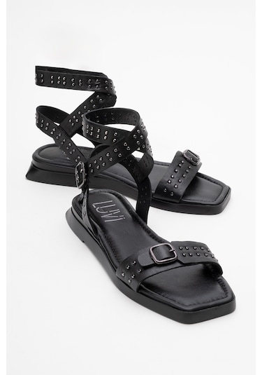 Luvishoes Carril Siyah Hakiki Deri Troklu Kadın Sandalet Siyah