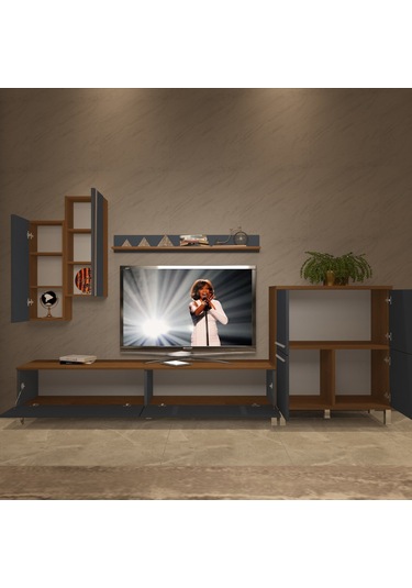 Decoraktiv Eko 6 Mdf Std Krom Ayaklı Tv Ünitesi Tv Sehpası Ceviz - Antrasit