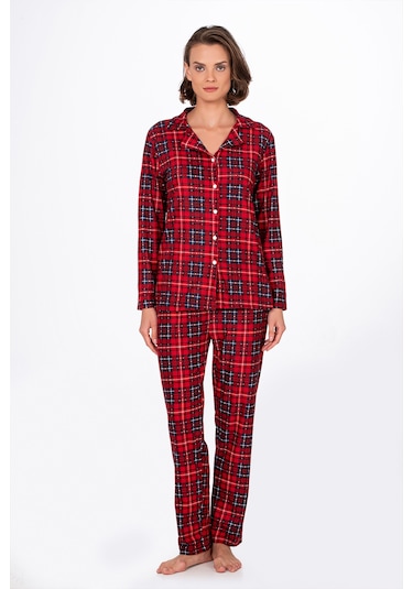 Kadın Süet Önden Düğmeli Pijama Takımı Ekose Kırmızı - Lacivert Kırmızı - Lacivert