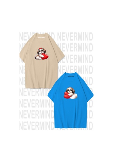 Sevgili Kombini Sevimli Köpek Ve Kalp Baskılı Oversize Unisex Çift Tişörtü Mavi