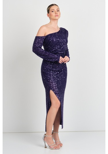 Explosion Kadın Full Pul Payetli Tek Omuz Detaylı Abiye Elbise 7687 Mor Mor
