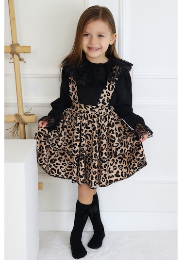 Kız Çocuk Helen Leopar Askılı Kat Kat Bağlama Jile Elbise Dantel Detay  Uzun Kollu Bluz Takım