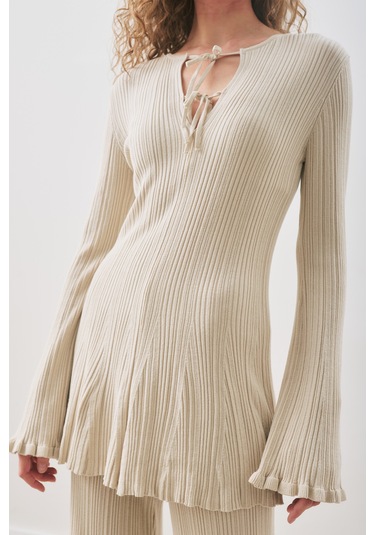 Volanlı Lastik Örgü Tunik Bej Bej