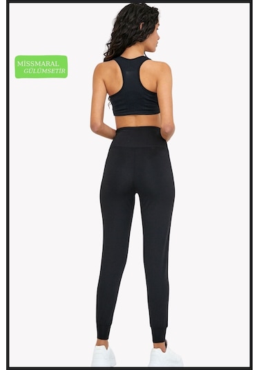 Kadın Eşofman Alt Siyah Curve Jogger Dalgıç Kumaş Yüksek Bel Çift Cepli Joggers 1061 Siyah