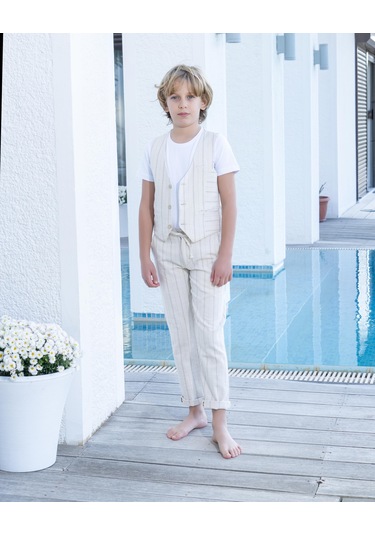 Erkek Çocuk Takım Elbise 3'lü Spor Takım Yelek-pantolon-tişort 3-14 Yaş Bej