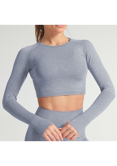 Skycity Kadınlar İçin Esnek Noktalı Yoga Üstü, Uzun Kollu Ve Göbek Açık Spor Giysisi Gri