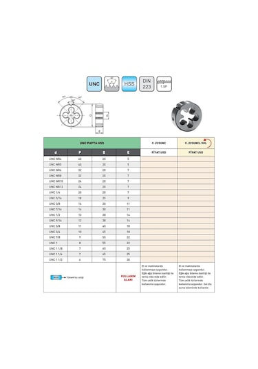 Fett Unc 3/4 -10 Pld Dın223 Hss Sol Unc Pafta