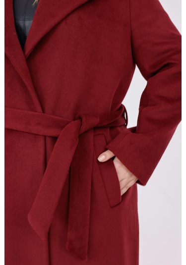 Kadın Bordo Yün Kaşe Kemer Ve Astar Detay Büyük Beden Kaban Bordo