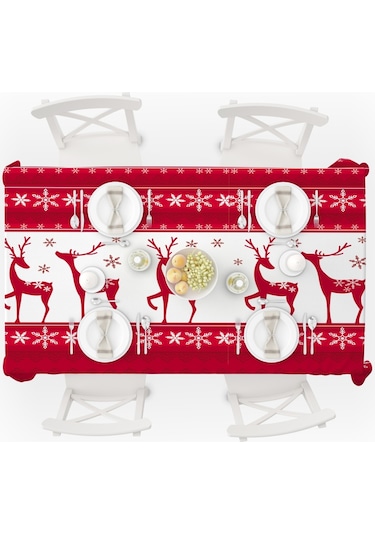 Sones Ev Tipi Dikdörtgen Masa Örtüsü Noel Yemek Sehpası Örtüsü Dekorasyonu, Boyut: 150x300 Cm Noel Geyiği Diğer