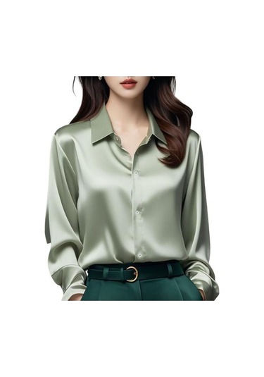 Kadın Gömlek Düz Renk Pürüzsüz Saten Uzun Kollu Yaka Rahat Üstler Tek Göğüslü Fransız Tarzı Ofis Gömlek Açık Yeşil