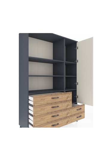 Hyperion Dolap 7 Raflı 6 Çekmeceli Tek Kapaklı 132x44x195 Antrasit-aytaşı/çam Aytası/atlas Çam