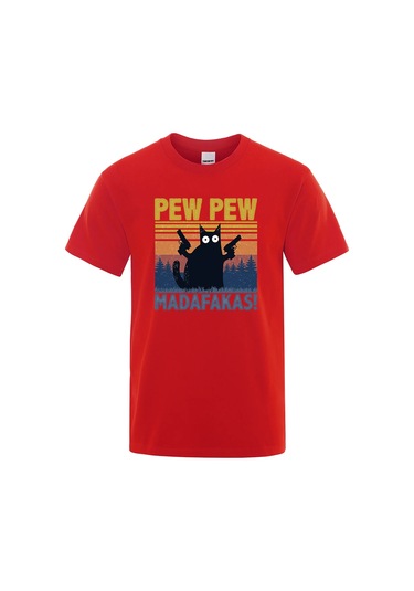 Teekossc Pew Pew Madafakas Erkek Kısa Kollu Komik Kedi T-shirt Vintage Yazlık Ekip Üstü Streetwear Chınakırmızı Kirmizi