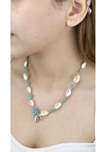 Midye Kabuklu, Mavi Boncuklu, Yaz Kolyesi 393, Altın Renk Çok REnkli