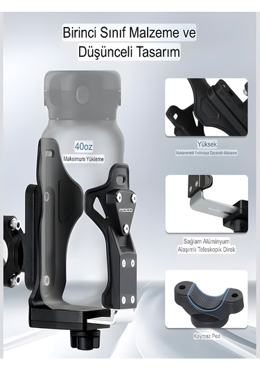 Reflektörlü Sarsıntı & Titreşim Engelli Led Işıklı Gidon Ve Koruma Demiri Bağlantılı Matara Tutucu Mavi - Siyah