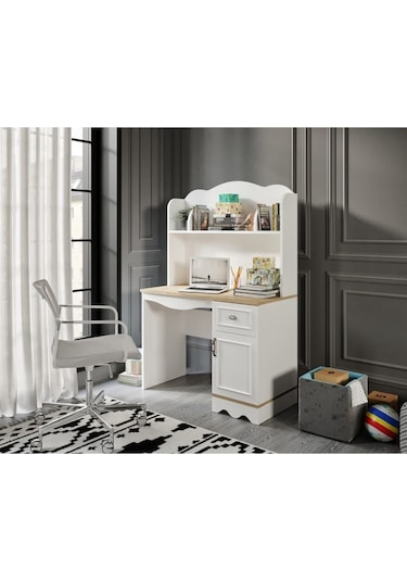 Baby Darling %100 Mdf Lisa Çalışma Bilgisayar Masası Meşe Beyaz Üst Ünite Dahil Beyaz