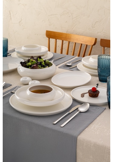 İstanbul Porselen Kınalıada 53 Parça 12 Kişilik Yuvarlak Yemek Takımı Beyaz
