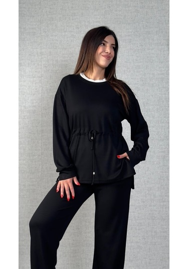 Kadın Uzun Kollu Yaka Ve Büzgü Detay Tunik Ve Pantolon Ikili Takım Siyah