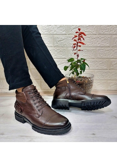 M.p 4201 Kahve Hakiki Deri Bağacaklı Fermuarlı Fuspetli Erkek Bot 001