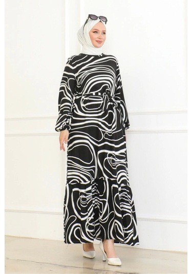 Çizgi Desenli Viskon Elbise - Siyah Siyah