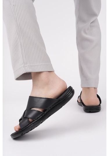 Muggo Eco Garantili Erkek Günlük Hakiki Deri Rahat Yumuşak Taban Ortopedik Terlik Siyah