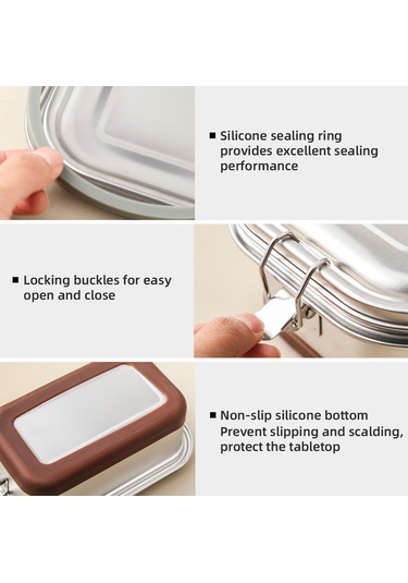 Leezsing 304 Paslanmaz Çelik Öğle Yemeği Kutusu Çift Katmanlı 3 Bölmeli 1.2l Dikdörtgen Bento Kutusu Silikon Tabanlı